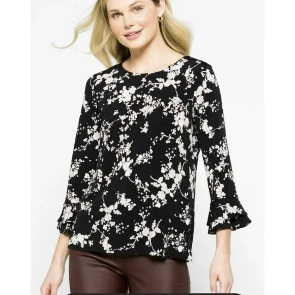 Karl Lagerfeld Yessie Floral Print Blouse Top S Bell Trumpet Sleeve Black Pink